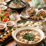 鮮魚の五種盛り、肉三種炭火焼き、牛たんしゃぶしゃぶ、ちらし寿司…全8品＋≪生ビール含む≫飲み放題付　