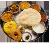 野菜カレー・菜食2種/サンバル/ラッサム/ワダ/ウブマ/2種類のライス/パパド/ヨーグルト　※サンバル・ラッサム・ライスのおかわり無料