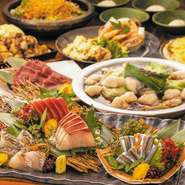 王魂コース…贅沢にご宴会を。馬刺し、鮮魚4種盛り、薩摩若鶏ゴロ焼き、メイン料理は名物!!博多もつ鍋