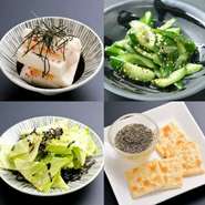 おつまみ胡瓜/549円 おつまみ長芋/549円 日高産マスカルポーネと黒胡椒の蜂蜜掛け/625円 塩昆布キャベツ/515円