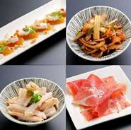 奈良漬クリームチーズ537円/ピリ辛ネギ砂肝504円/生ハム724円/ガツポン/504円