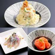 こだわりのポテサラ/515円 焼き茄子とアジのタルタル/757円 北海道青南蛮明太子/549円