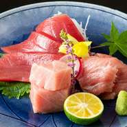 産地直送　艶めく赤色と繊細なサシ模様。本鮪のお愉しみを一皿に。