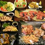 牛肉４種類＋ホルモン4種類＋鶏肉5種類の入ったお肉の盛合せとおつまみが楽しめるコースです。