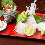 高松中央卸売市場で朝仕入れたばかりの新鮮な海鮮を5種類、刺身で堪能できるメニュー。鮮度抜群のお造りを、獲れたその土地で味わうのは贅沢そのものです。