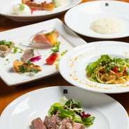 コースメニュー・前菜3点盛  ・パスタまたはピッツァより1品  ・メインディッシュより1品  ・お任せリゾット  ・ドルチェより１品 