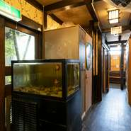 廊下の大きな生簀には、サザエやアワビなどが入れられています