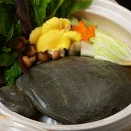 その日のうちに絞められたスッポンを、一匹まるごと堪能できるのが『スッポン鍋コース』です。刺身や唐揚げ、丸鍋など、多彩に調理されたスッポンはあっさりとした味わいが特徴。滋味深いおいしさを満喫できます。