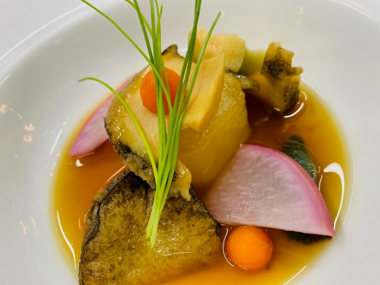 『 アワビのポトフ風柔らか煮 根菜とのアンサンブル』