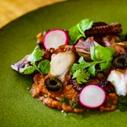 タコの足一本を豪快にグリル
濃厚かつさっぱりとしたサルサ・ロメスコソースとの相性抜群。
スペインの定番料理。