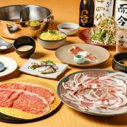 全8品
・先付け二種
・前菜
・温菜　本日鮮魚のカダイフ揚げ　特製野菜ソース仕立て
・山形牛のたたき
・彩り香味野菜
・山形牛、霧島豚肩ロース、あぐー豚ロース
・〆　麺or雑炊
・デザート