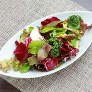 いろいろな種類のリーフサラダ！苦味や甘味、酸味を感じる爽やかな一皿です。ドレッシングはエシャロットの風味を漬け込みさっぱりしたヴィネグレットです