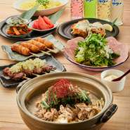 メインに塩豚もつ鍋！名物の焼きトン！アケボノヤ自慢の料理をお楽しみいただける飲み放題付きコースです！