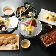 当店自慢の鰻に、お造り、天麩羅と季節の食材を存分にお楽しみいただける内容となっております。 冠婚葬祭をはじめ、ご会食やご宴会など、特別なひとときでおもてなしいたします。