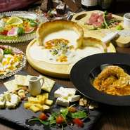 選べるシカゴピザ、チーズフォンデュや黒毛和牛サイコロステーキと色々肉盛りプレート等、お肉料理も同時にお楽しみ頂けます※飲み放題無制限（金・土・祝前日は3時間となっております。）