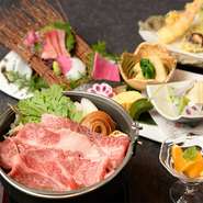 ランチタイム予約限定での特別御膳となります。

コース内容
小鉢
焼物八寸
お造り
天ぷら
山形産 牛ロースのすき焼き
ご飯
味噌汁
香の物
デザート