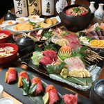 A5黒毛和牛炙り肉寿司　雲丹いくら乗せ、鮮魚の刺身3種盛り合わせ、生カツオの藁焼き塩タタキなどのコース