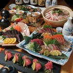 お鍋やA5黒毛和牛炙り肉寿司　雲丹いくら乗せ、鮮魚の刺身4種盛り合わせなど厳選食材を使った全9品！