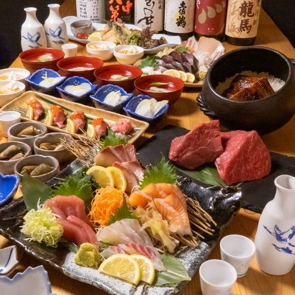 鮮魚刺身4種盛り、黒毛和牛のランプステーキ、鮎と夏野菜のフリットなど豪華ラインナップ!!