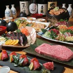 鮮魚の刺身4種盛り合わせ、黒毛和牛イチボのステーキ、A5黒毛和牛炙り肉寿司　雲丹いくら乗せなど♪