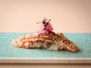 季節の魚で織りなす、サーモンなどの「炙り握り」