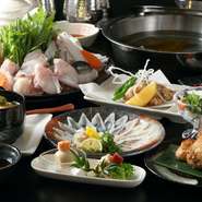 店内生簀の泳ぎとらふぐを余すことなく使った贅沢活ふぐコース
たっぷりボリュームのコース内容。
先付け
ふぐ皮刺し
活てっさ
焼きふぐ
ふぐ唐揚げ
ふぐ焼売
活てっちり・ふぐしゃぶ
雑炊 香ノ物
デザート