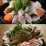 ※全て活ズワイ蟹・泳ぎとらふぐにてご提供※

前菜盛合せ

お造り
＜花咲く＞蟹刺し
＜熟成＞とらふぐ活てっさ

蒸し蟹酢

蟹味噌 甲羅焼き

活てっちり 活蟹ちり鍋
季節の野菜

雑炊

デザート