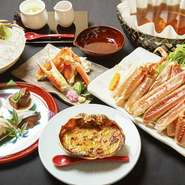 お1人様 活ズワイ蟹1杯

季節の前菜盛合せ

＜花咲く＞蟹刺し

蒸し蟹酢

※蟹天ぷらなどご注文可能

セコ蟹の甲羅詰め

蟹味噌 甲羅焼き

蟹すき鍋 季節の野菜

蟹雑炊

デザート