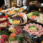 鮮魚の刺身3種盛り合わせ、生カツオの藁焼き塩タタキ、豚バラ肉と季節の野菜　和風出汁しゃぶしゃぶなど