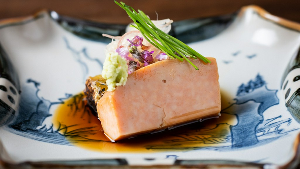 余市産あん肝のたまり醤油低温煮　炭焼き佐土原茄子添え