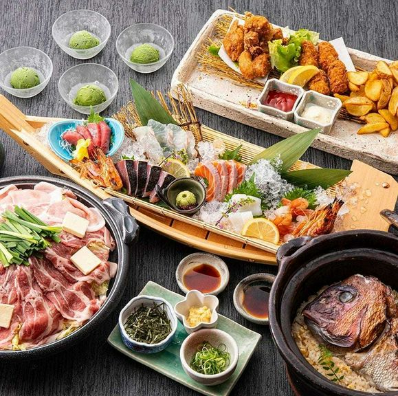 【お造り舟盛り】・【 豚陶板味噌焼き】・【うおまん名物！鯛めし】、うおまん名物をあじわい尽くすコース