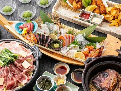【お造り舟盛り】・【 豚陶板味噌焼き】・【うおまん名物！鯛めし】、うおまん名物をあじわい尽くすコース