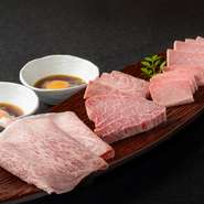 佐賀唐津産のA4・A5ランク佐賀牛だけの盛り合わせ。佐賀牛の中でも最上級の部位だけを使用した、サーロインの焼きしゃぶは、スタッフが焼き上げることも可能で、五感で楽しめる逸品です。