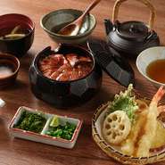 あか牛ひつまぶし、天ぷら、出汁、半熟卵、薬味、辛子高菜、明太子、みそ汁