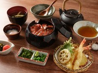 あか牛ひつまぶし、天ぷら、出汁、半熟卵、薬味、辛子高菜、明太子、みそ汁