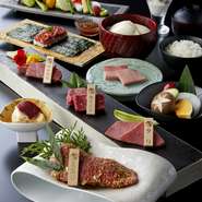 ・一品
・自家製豆冨
・サラダ
・飛騨牛ユッケとイクラ手巻き
・厚切りタン
・飛騨牛「最とび」姿焼き（馬喰特選洗いだれ）
・馬喰三種盛り
・焼野菜盛り
・ご飯
・味噌汁
・デザート

※ウニトッピング＋528円