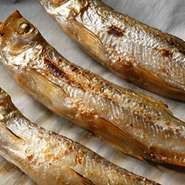 かつてアイヌの人たちに「神がくれた魚」として尊ばれた『本ししゃも』。漁期は1年間のうちで10～11月半ば位までです。七輪で炭焼きにした焼きたての本ししゃも（オス、メス）と樺太ししゃも（メス）の食べ比べ。