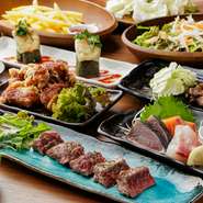 【味三昧】のすべてがつまった至高のコースです。人気の『牛ハラミのステーキ』『砂ずりの炭火焼き』など全9品。各種宴会・接待・記念日など、特別な夜を彩る【味三昧】最上級のコースです。