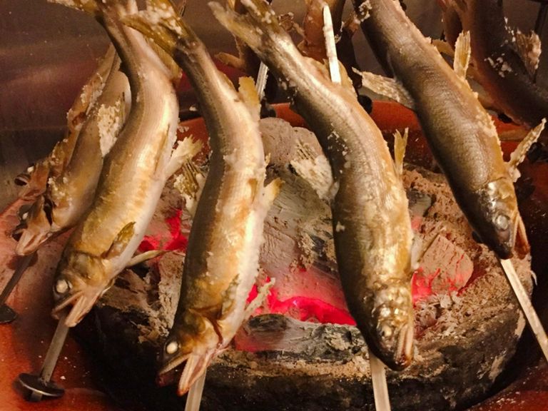 旬の魚やブランド肉（恵那どり）を味わう炭火焼き
