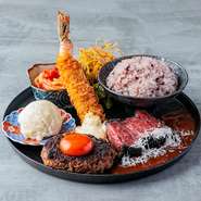 和牛を一度に楽しめる贅沢なセットです。和牛の旨みを閉じ込めた肉厚ハンバーグに、和牛スライスと濃厚卵黄を添えた、【洋食被れの武士】渾身の一皿になっています。