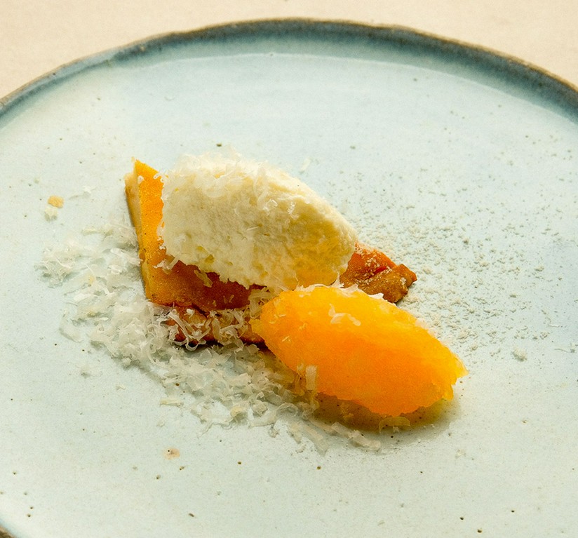 『深山鱒茸/自家製リコッタチーズ/柿/パルミジャーノ/和三盆』