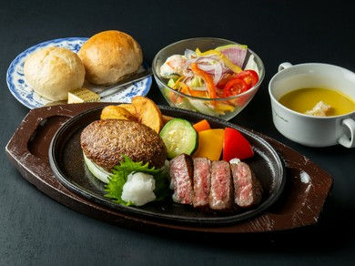 7月、8月限定！開業47周年記念メニュー　常陸牛ｻｰﾛｲﾝｽﾃｰｷと常陸牛ﾊﾝﾊﾞｰｸﾞ盛り合わせセット