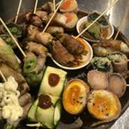 【ぐるり】の野菜肉巻き15種類　店主が惚れ込んだ紀州うめぶたで巻いた野菜は絶品！インスタ映え確実ッ！
ぐるり自慢の串達を全部詰め込んだ一皿です！野菜達も満足します！