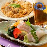 お酒と日替わりのお造りを自分の好みで選べるセットです。お酒は生ビールかハイボールから一杯、お造りは仕入れに寄って異なりますが、鯛、鮪、かんぱち、鰆、イカや海老などから選べます。	