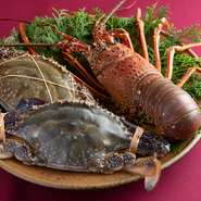 大きさにこだわって仕入れた伊勢海老や渡り蟹などの厳選食材。仕入れた後、店内のいけすで管理し、注文が入ってから調理してくれます。
伊勢海老　8,000円～15,000円
渡り蟹　2,000円～4,000円