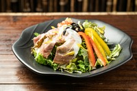 ドレッシングは
・青（緑）　ミックスハーブ
・赤　　　　クコの実
・黄　　　　マスタード
・白　　　　豆乳シーザー
・黒　　　　中華風黒ゴマ
※内容が変更する場合がございます

ハーフサイズ　1650円