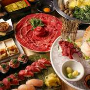 黒毛和牛と馬肉や牛タンや鴨肉を60℃の低温でじっくり熟成させた肉は柔らかいクセになる味わい！肉寿司は極レアでとけるような食感を♪
日本酒や焼酎と地酒もオススメ◎