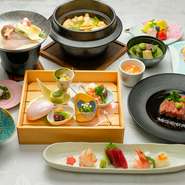 【日本料理よしの】ならではの、珠玉の一皿を集結させた会席料理です。香り豊かなかつおだしを使った椀物や色とりどりの八寸など、美しい盛付けにもこだわり抜いています。