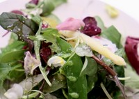 朝どれの葉野菜、有機栽培された野菜を中心に組み立てられたサラダ
赤牛の筋肉と野菜をシンプルに塩だけを使い焚いて煮固めたソプレッサータ
添えたマスタード、季節の野菜から作るソースでお楽しみください。