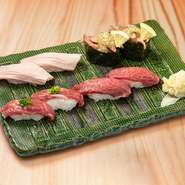 赤身、極上赤身、ぶた玉、ネギ塩牛タン軍艦